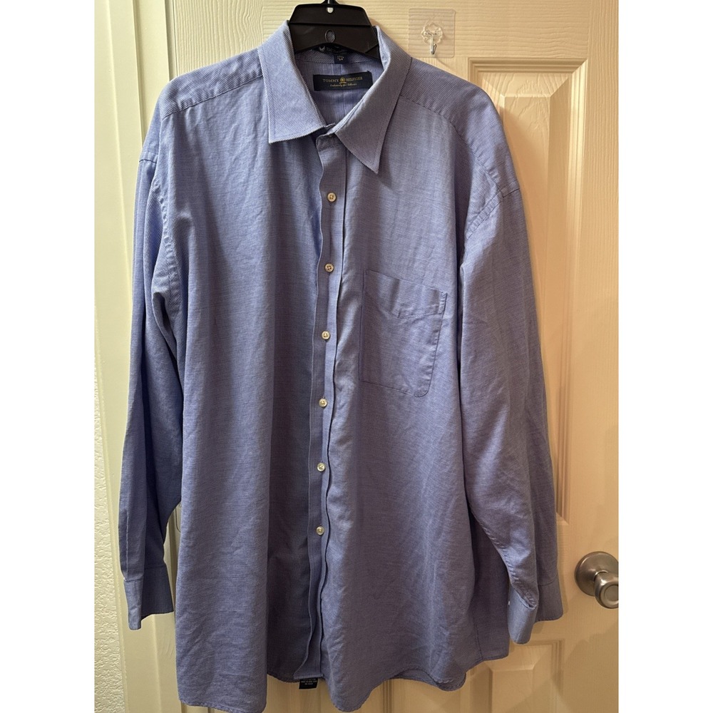 Tommy Hilfiger Mens Blue Check Button Up Shirt 17.5 34 XL Cotton RN15481